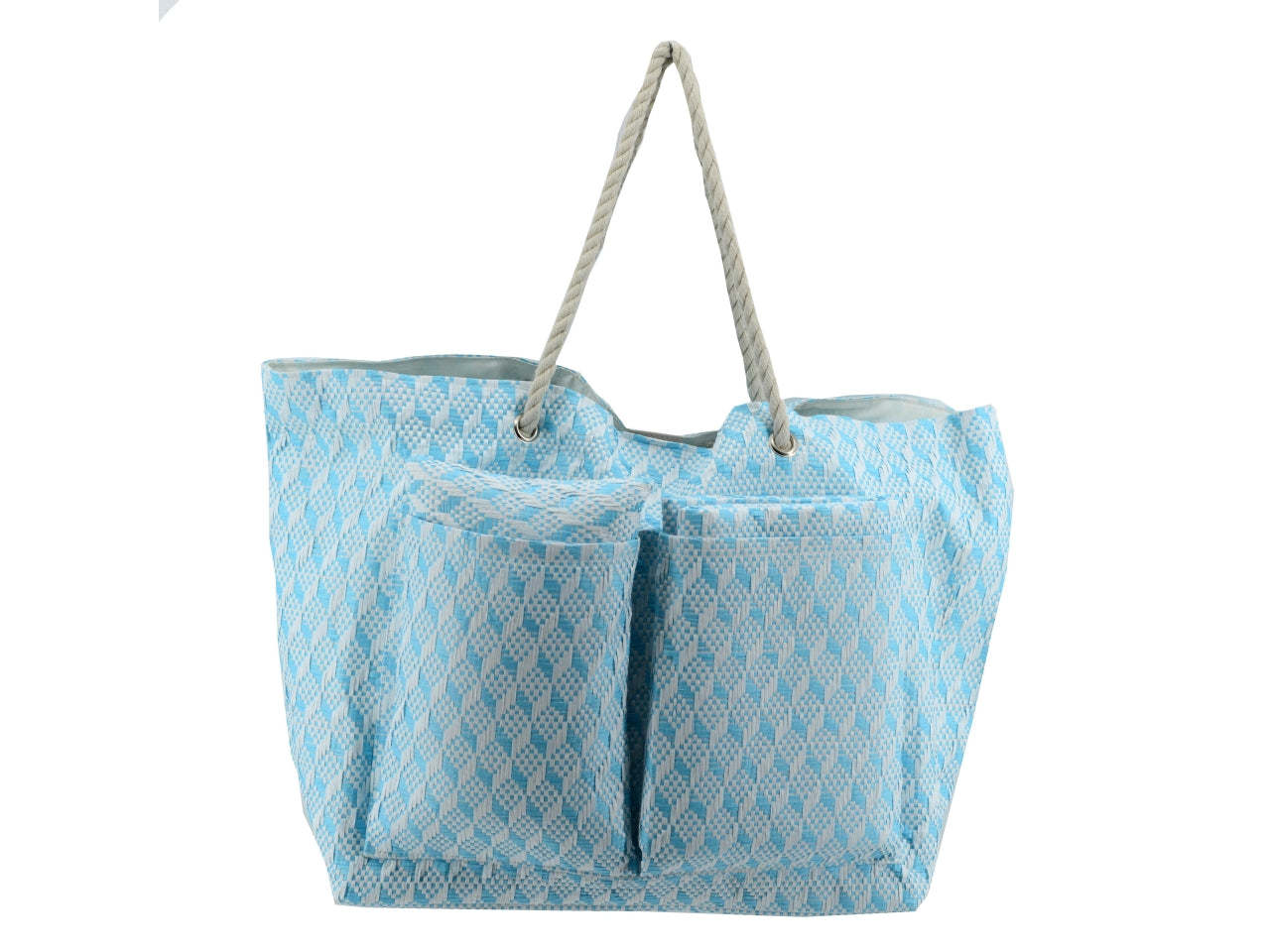 Borsa da spiaggia da donna in tessuto intrecciato, paglia e cotone, turchese con cuscino e materassino inclusi, mini tasca laterale interna con cerniera, chiusura con clip - 62x22xh.40cm - Vacchetti