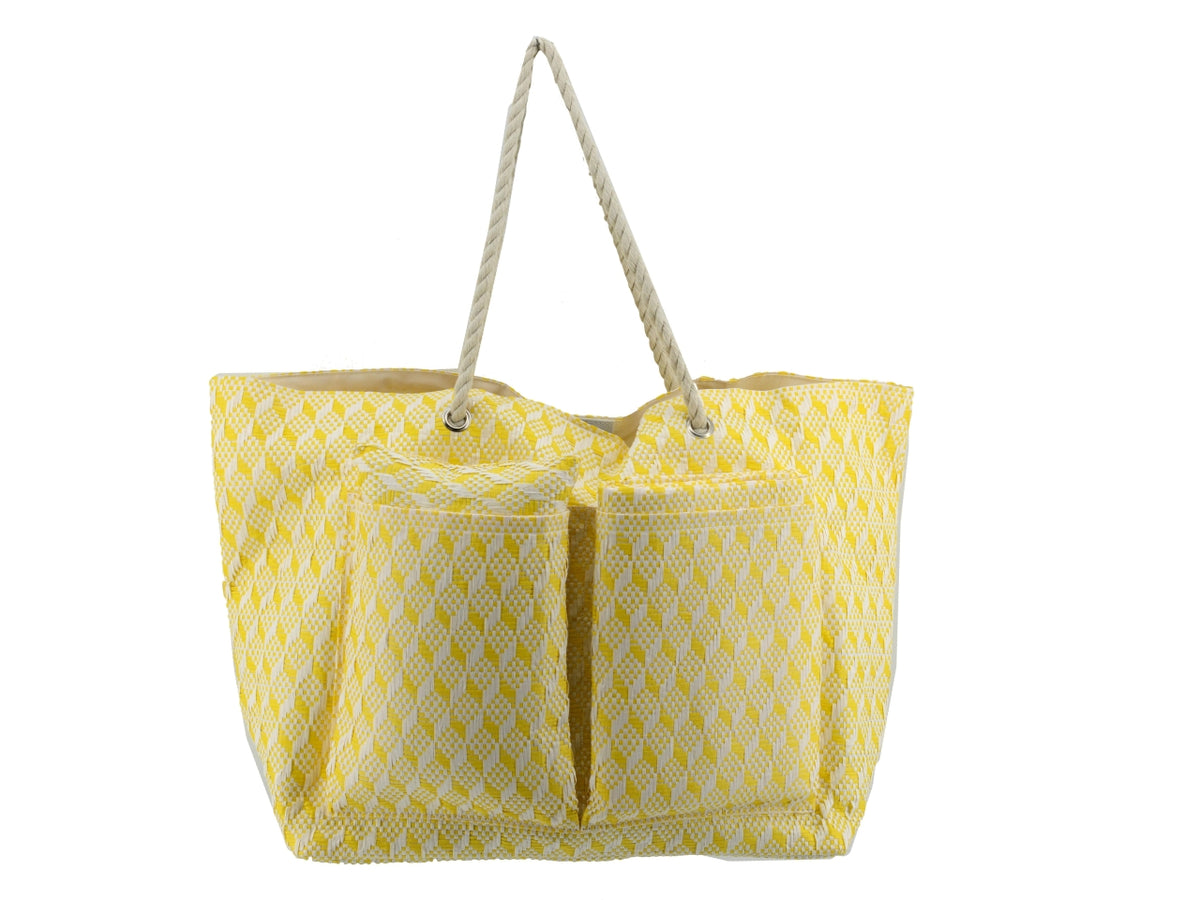 Borsa da spiaggia da donna in tessuto intrecciato , paglia e cotone, gialla con cuscino e materassino inclusi, mini tasca laterale interna con cerniera, chiusura con clip - 62x22xh.40cm - Vacchetti