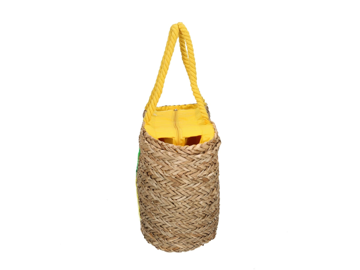 Borsa da spiaggia donna in paglia e tessuto, naturale e multicolor con fantasia frutta e dettaglio ricamato ananas, mini tasca laterale interna con cerniera - 58x18xh.30cm - Vacchetti