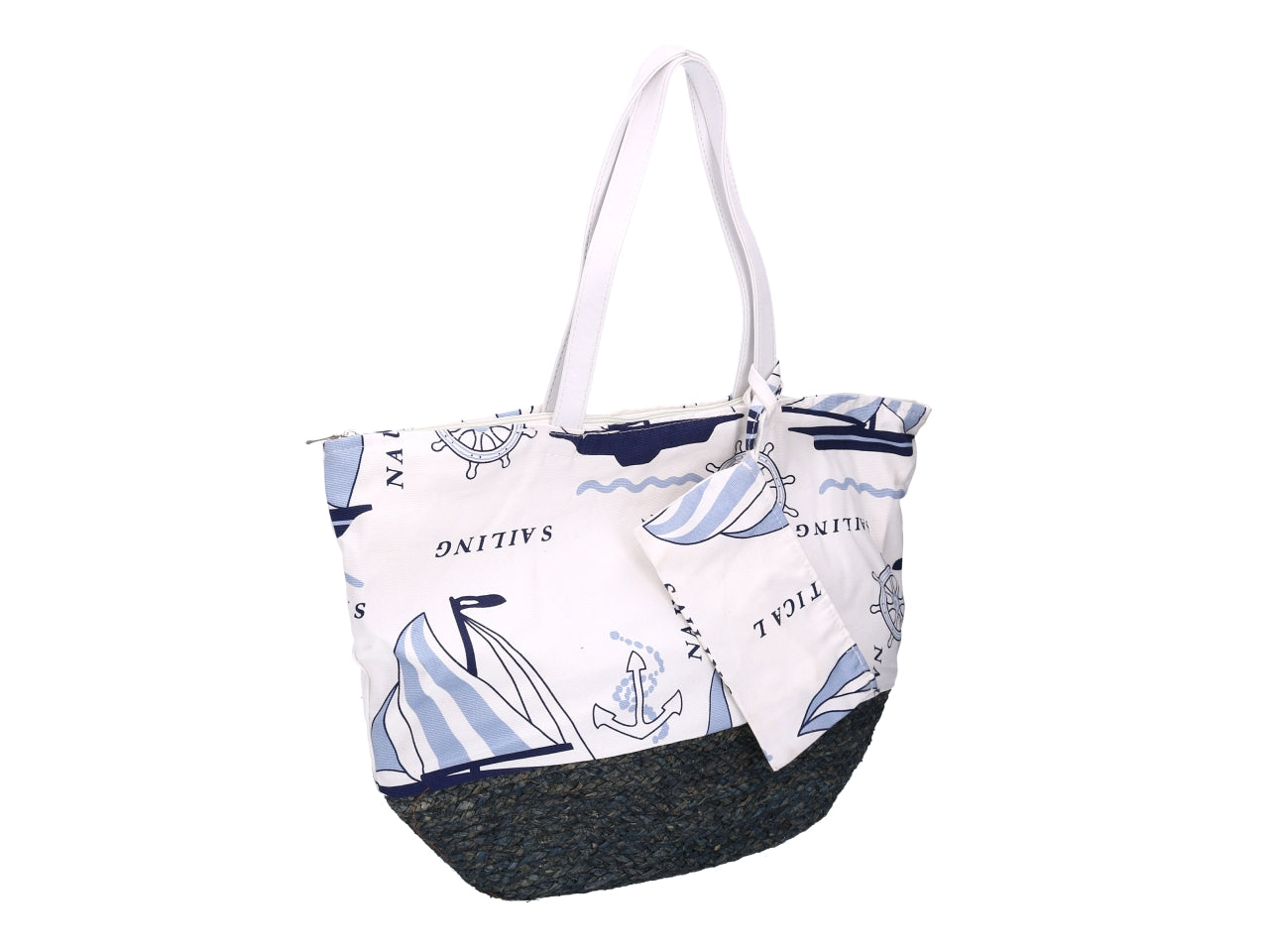 Borsa da spiaggia donna in tessuto e rattan con fantasia marina e maniglie in similpelle - multicolore con mini pochette inclusa, tasca laterale interna, chiusura a zip - 47x12xh.38/60cm - vacchetti