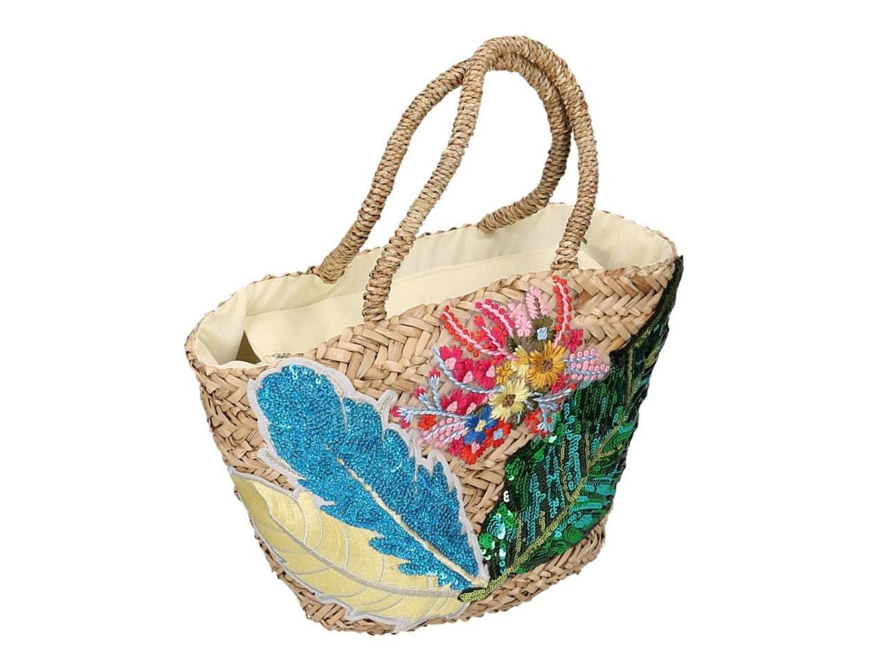 Borsa paglia con fiori e foglie 47x18xh.23cm