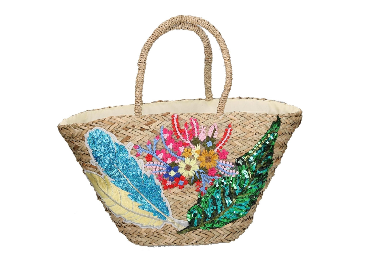 Borsa paglia con fiori e foglie 47x18xh.23cm