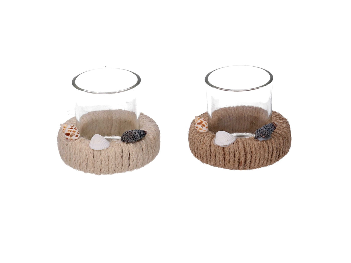 Portacandele vetro con juta naturale d.9xh.7cm 2 assortimenti