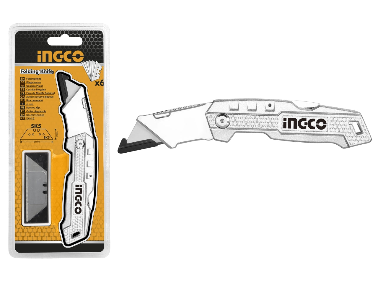 Cutter professionale a trapezio pieghevole Ingco in alluminio con 5 lame di ricambio: precisione e durabilitÃ