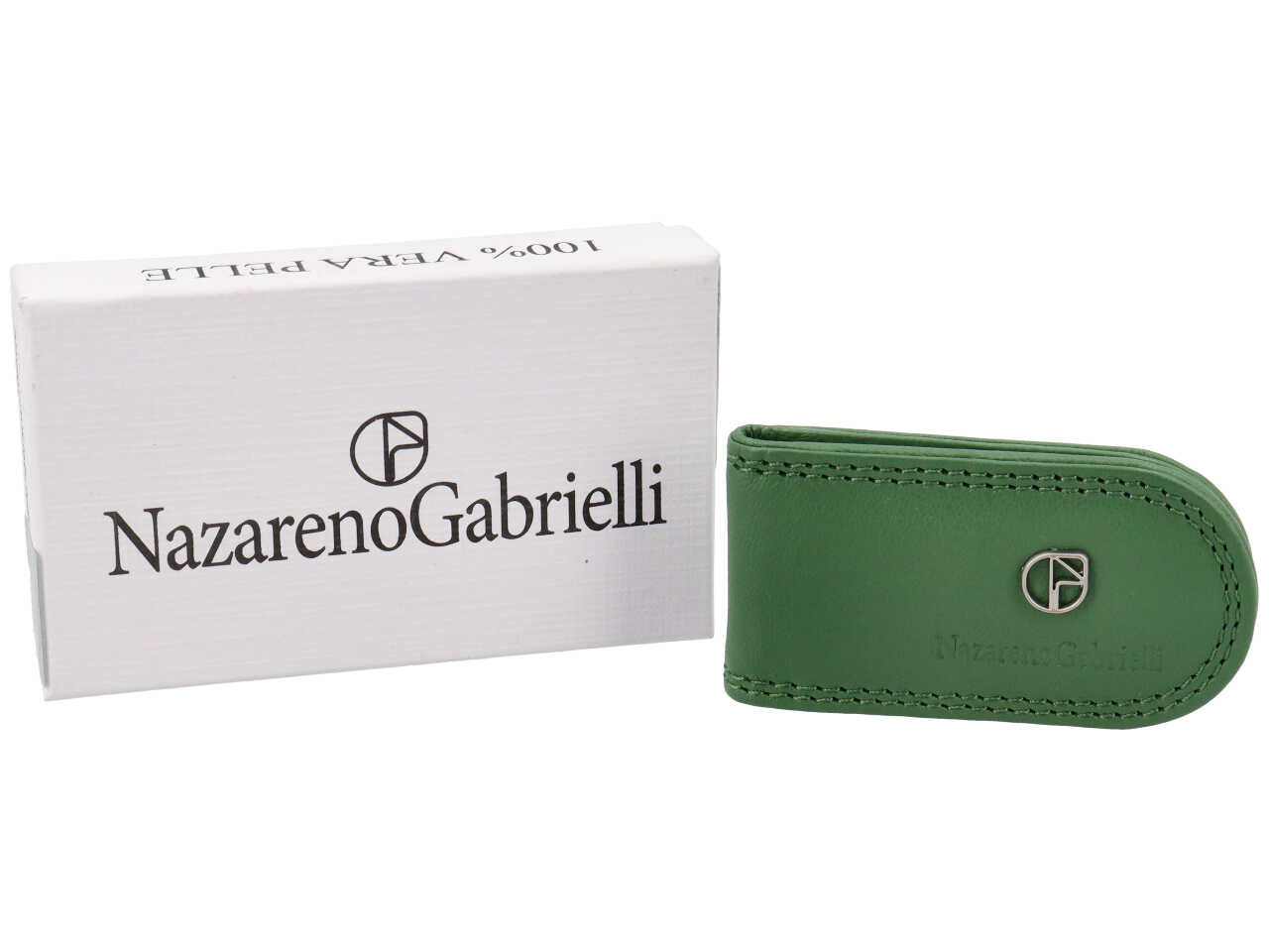 Fermasoldi uomo in pelle verde con chiusura magnetica e logo a rilievo - 4x7,5 cm - Nazareno Gabrielli