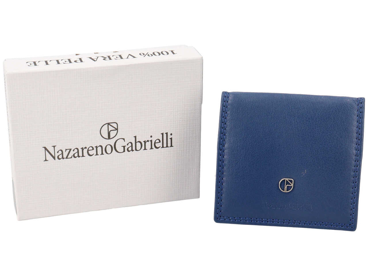 Portamonete uomo in pelle blu con chiusura a bottone e logo a rilievo - 9x9x1,5 cm - Nazareno Gabrielli