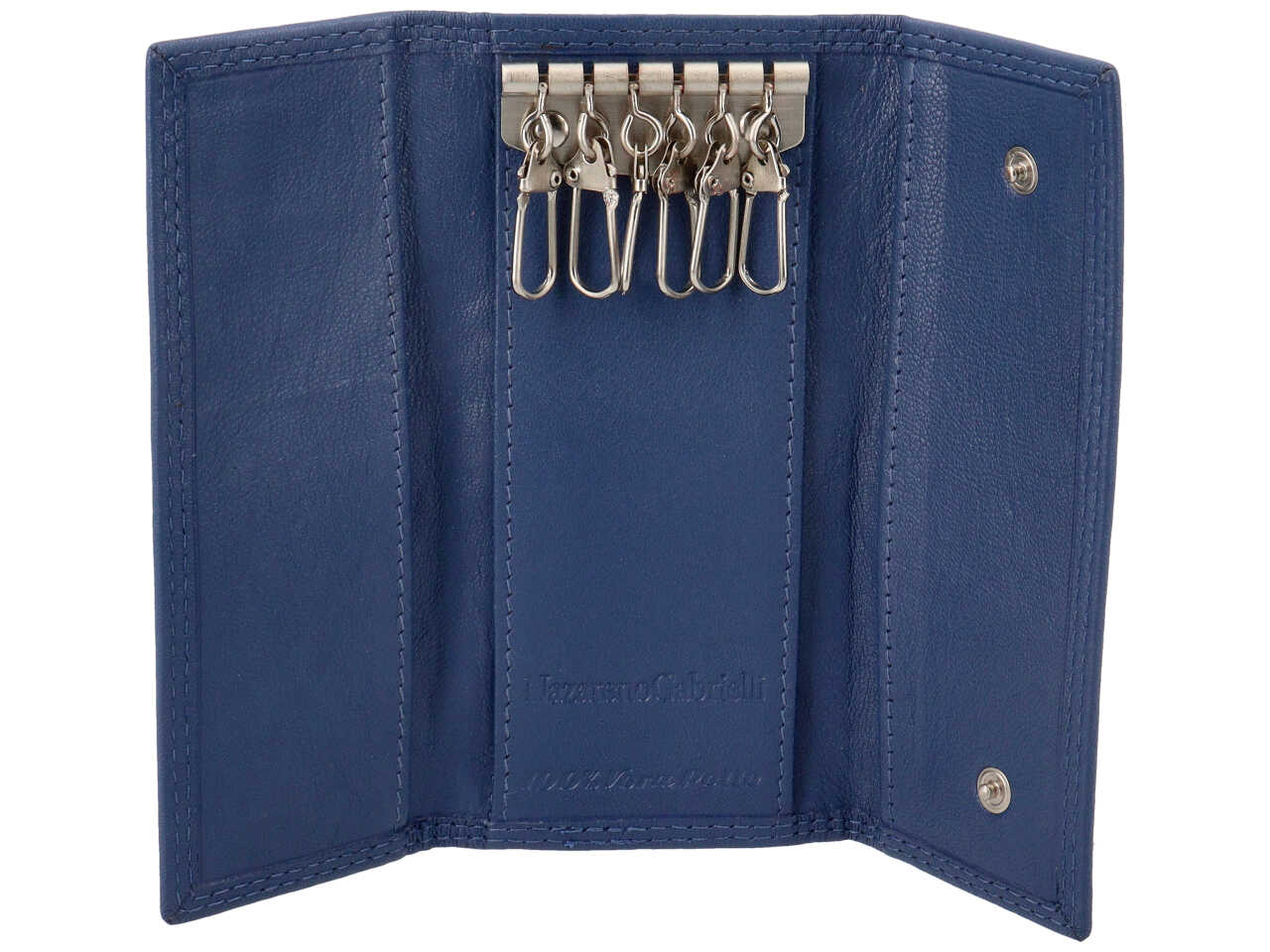 Portachiavi uomo in pelle blu con chiusura a bottone e 6 ganci portachiavi - 6,5x14 cm - Nazareno Gabrielli