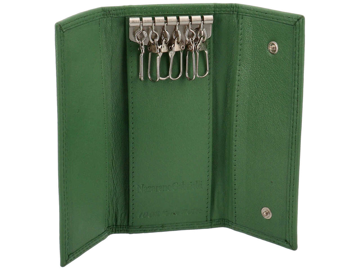 Portachiavi uomo in pelle verde con chiusura a bottone e 6 ganci portachiavi - 6,5x14 cm - Nazareno Gabrielli