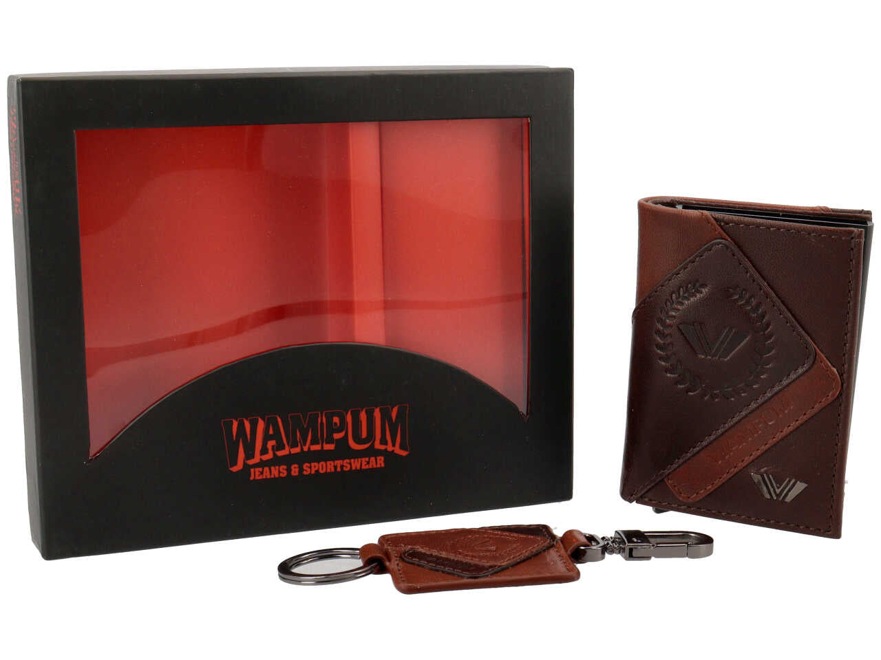 Set regalo Wampum uomo con portachiavi e porta cards in vera pelle marrone 12,5x10x2 cm