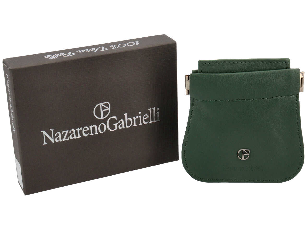 Portamonete Nazareno Gabrielli a molla in pelle verde scuro 2 tasche 9,5x10x1 cm