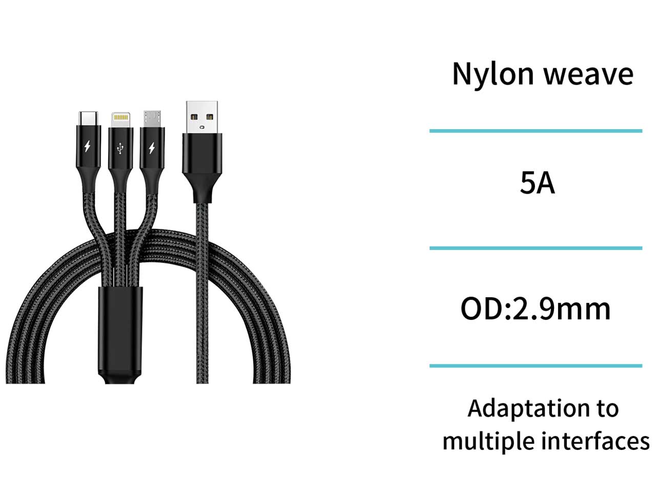 Cavo dati 3 in 1 usb-a a micro, type-c e lightning, 1.2m, 5a, treccia di nylon, nero