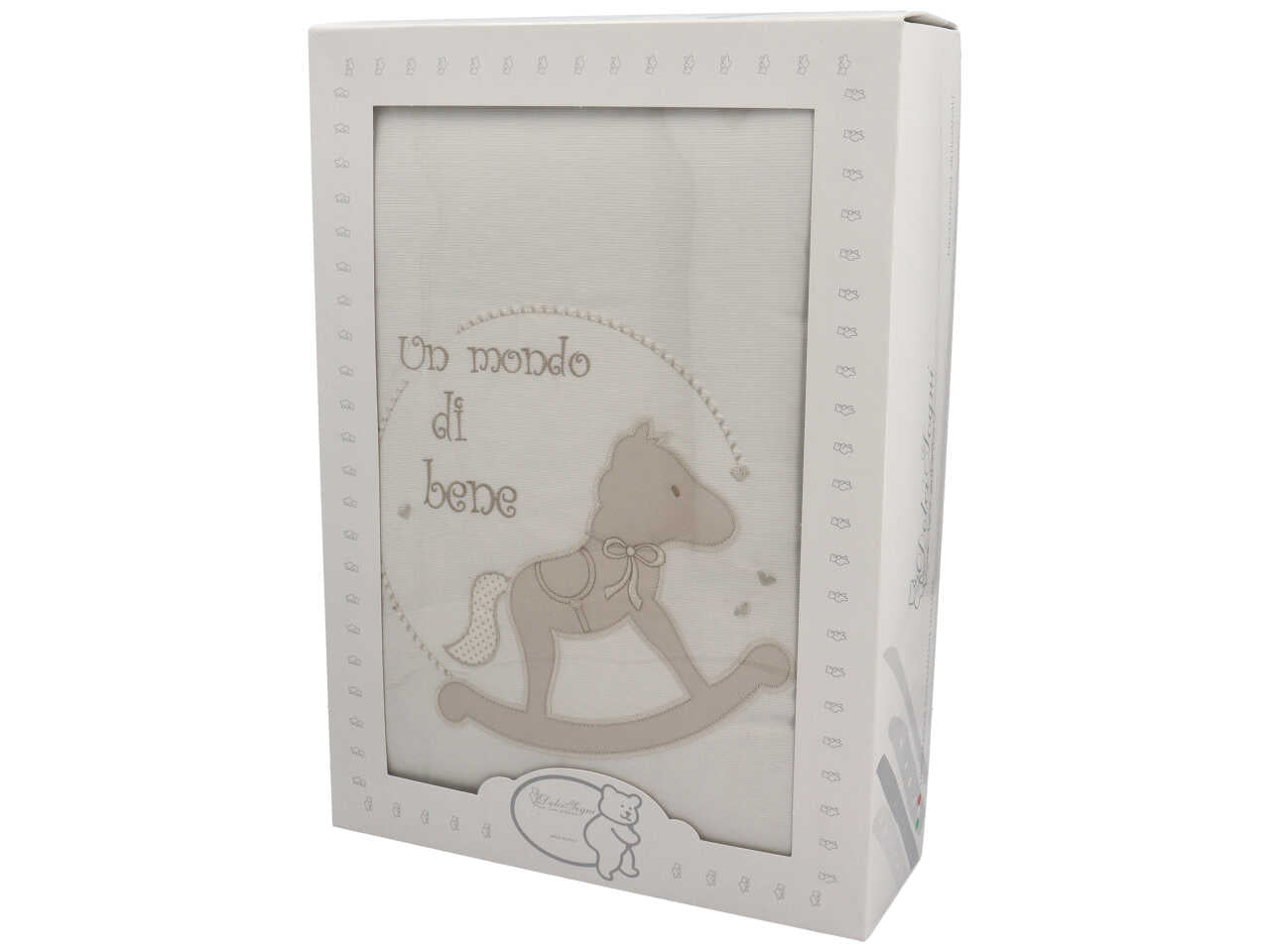 Coperta culla piquet in cotone panna e tortora con cavallo a dondolo 75x92 cm - Dolci Sogni