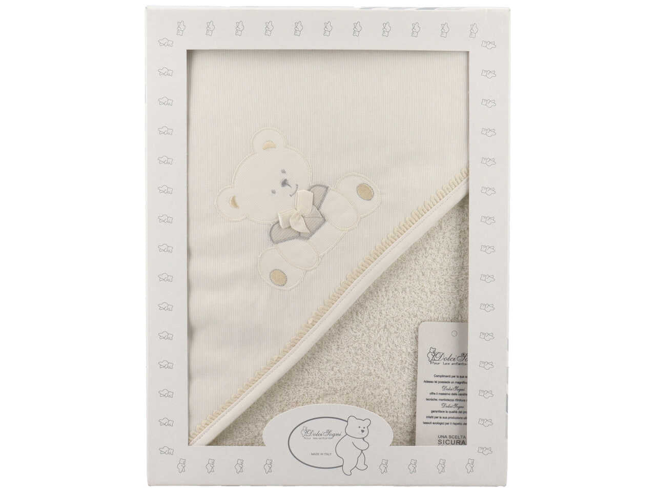 Accappatoio triangolo neonato in cotone panna con orsetto 70x75 cm - Dolci sogni