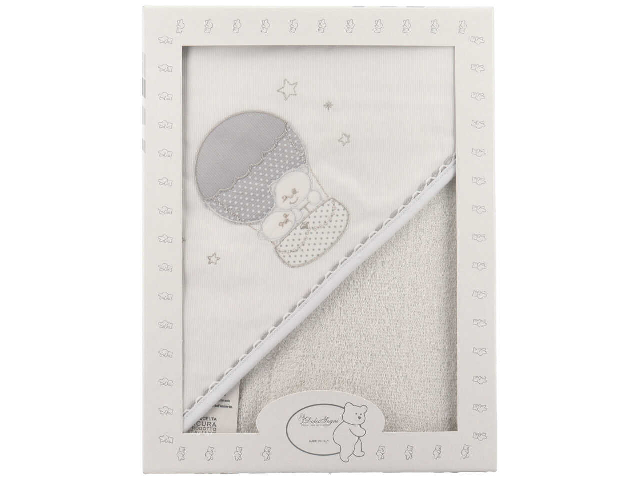 Accappatoio triangolo neonato in cotone bianco e grigio con mongolfiera e orsetti 70x75 cm - Dolci sogni