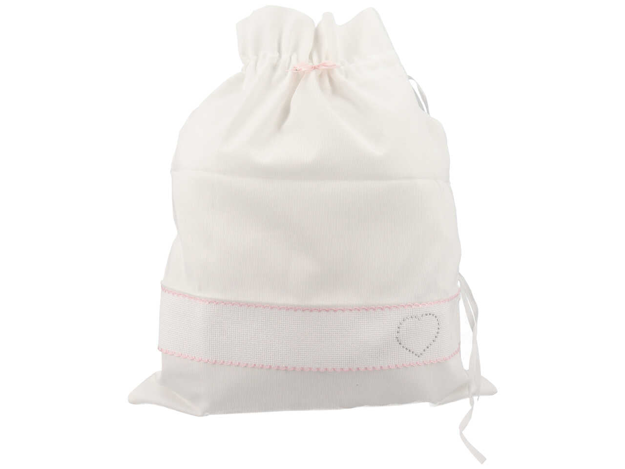 Sacco nascita per neonate in cotone bianco e rosa con fascia personalizzabile 43x34 cm