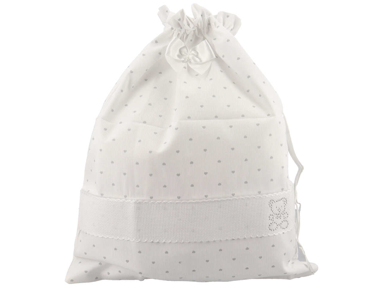 Sacco nascita per neonati in cotone bianco e grigio con fascia personalizzabile 43x34 cm