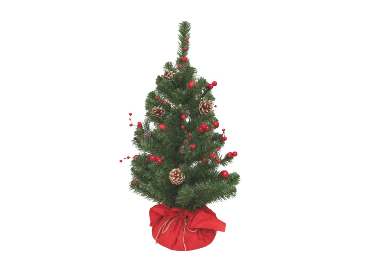 Albero 80cm con bacche rosse, pigne e base rossa