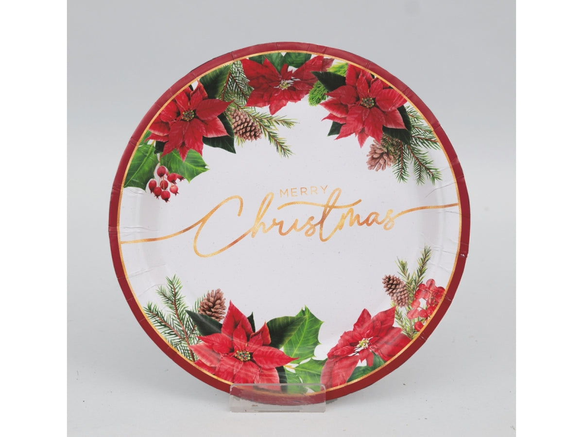 Piatto di carta 23cm bianchi decoro stelle di natale rosse set da 6 piatti