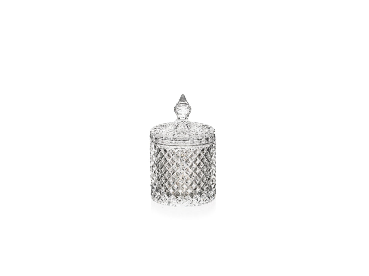 Coppa potiche con coperchio, in vetro trasparente e decoro a rilievo, venus, stile classico h.14xd.8,5 cm