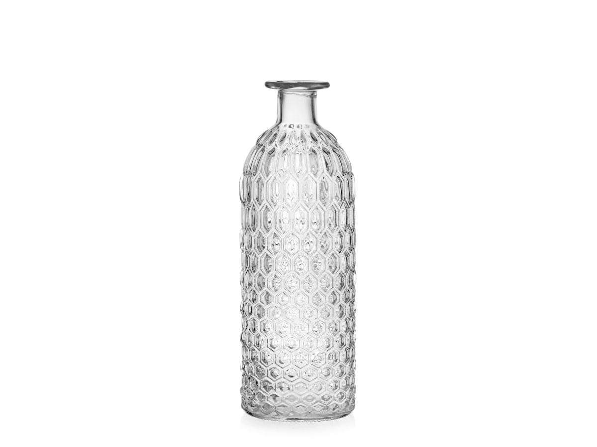 Vaso bottiglia decorativa in vetro trasparente forma cilindrica con lavorazione a rilievo 7x20 cm