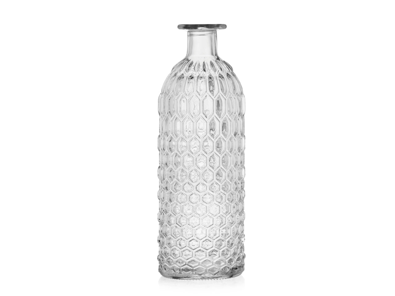 Vaso bottiglia decorativa in vetro trasparente forma cilindrica con lavorazione a rilievo 8,5x25 cm
