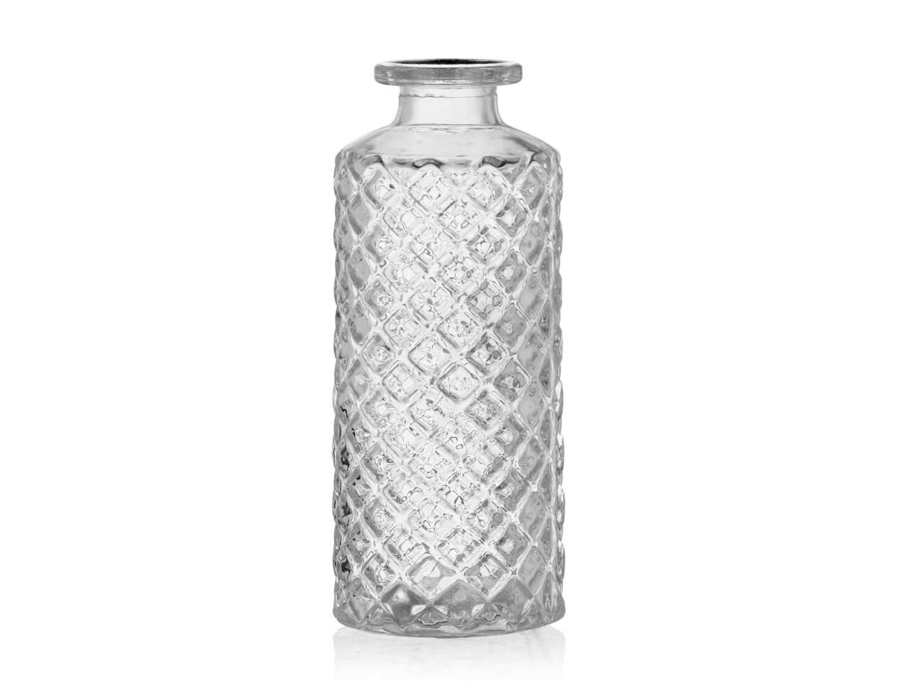 Vaso bottiglia decorativa in vetro trasparente forma cilindrica con lavorazione a rilievo 5,5x13,5 cm
