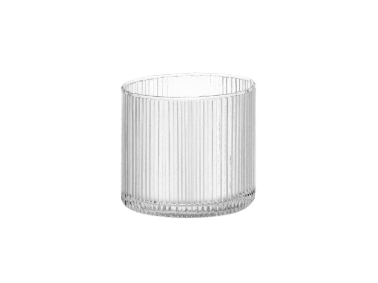 Vaso decorativo moderno in vetro millerighe trasparente forma cilindrica, Aisha, 10x10cm - Franco
