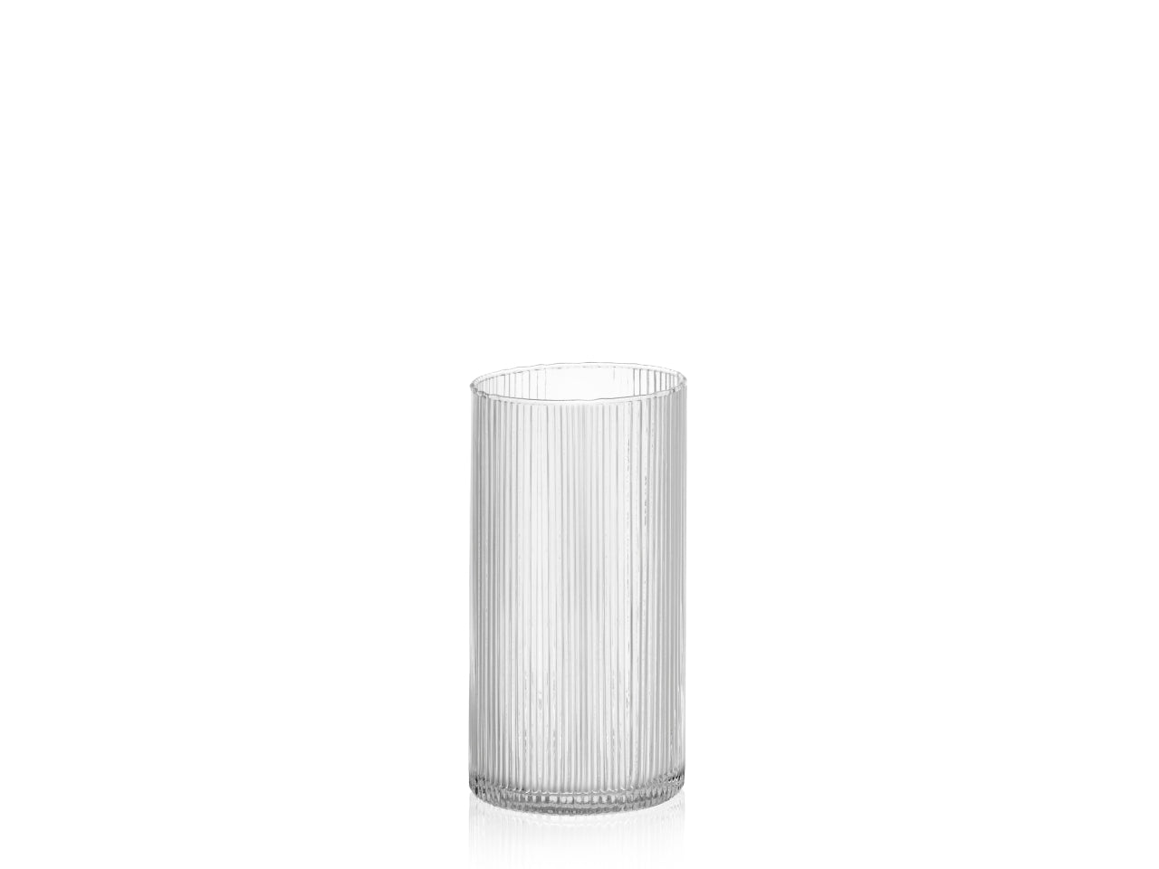Vaso decorativo moderno in vetro millerighe trasparente forma cilindrica, Aisha, 20x10cm - Franco