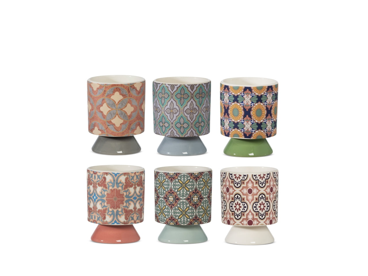 Cachepot vintage in ceramica multicolor forma cilindrica con fantasia geometrica/floreale 10,5x12,7 cm