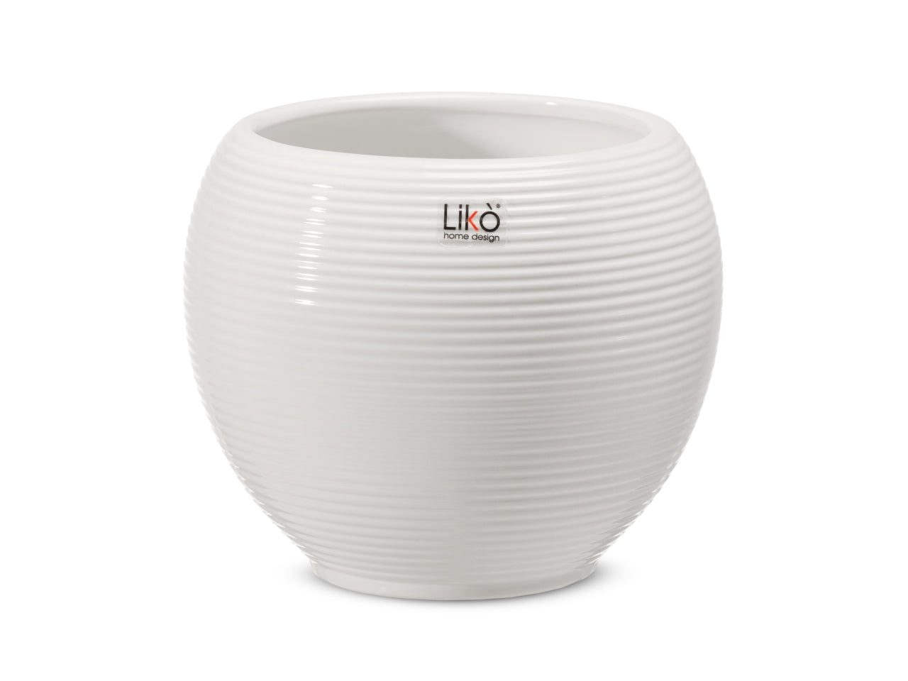 Vaso cachepot portapiante moderno in ceramica lucida bianca, forma cilindrica rigata d.16xh.13,5cm