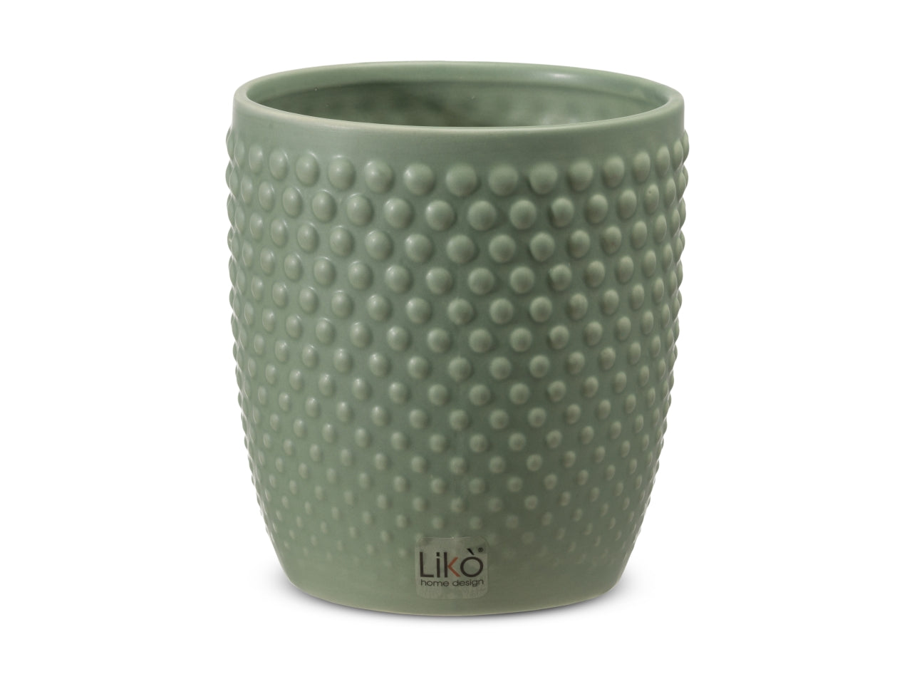 Cachepot portavaso moderno in ceramica opaca verde salvia, forma cilindrica con pois a rilievo, d.13xh.14,2 cm