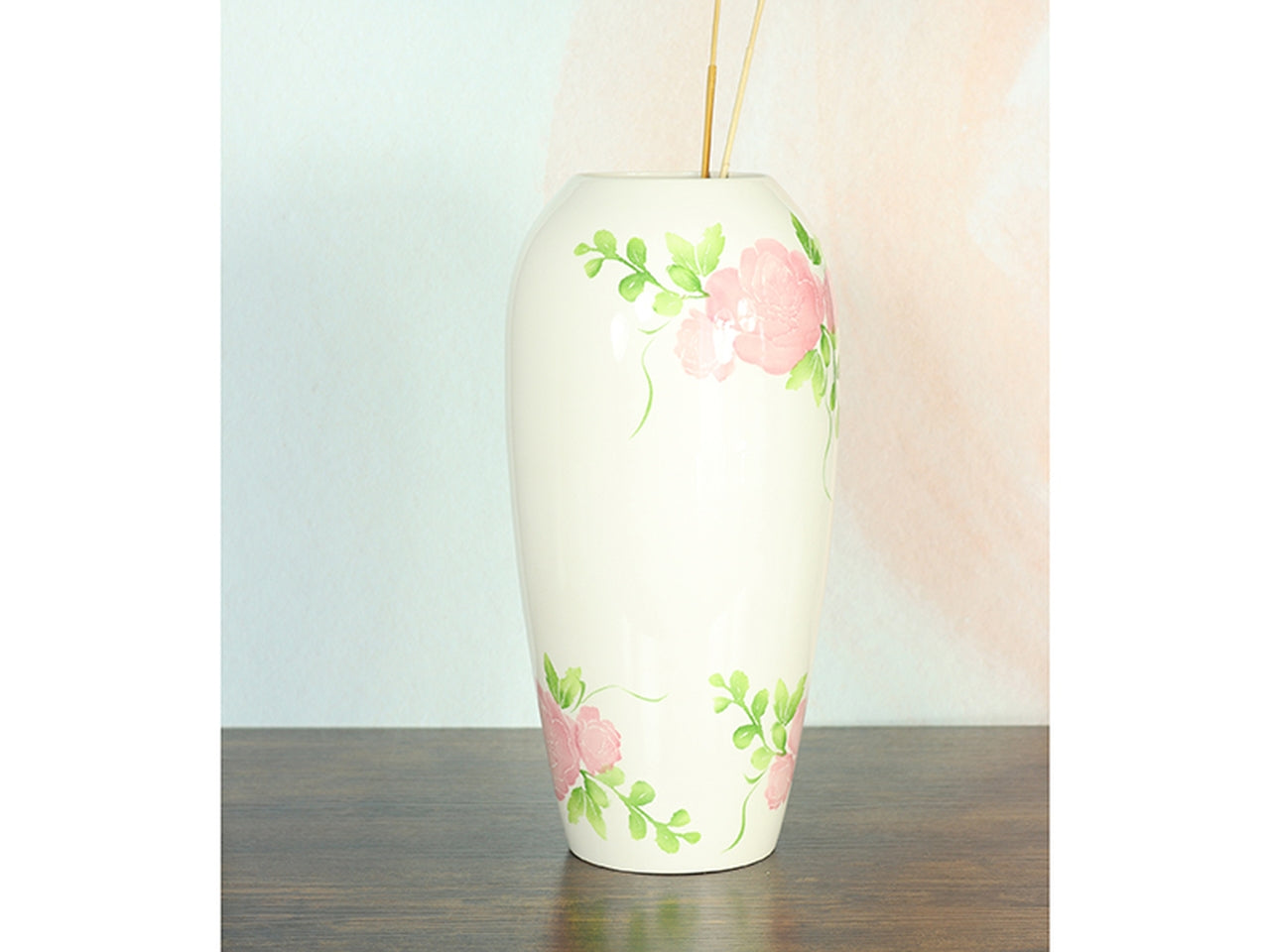 Vaso decorativo country in ceramica avorio con rose forma cilindrica per uso interno 14x30 cm - Goldbach