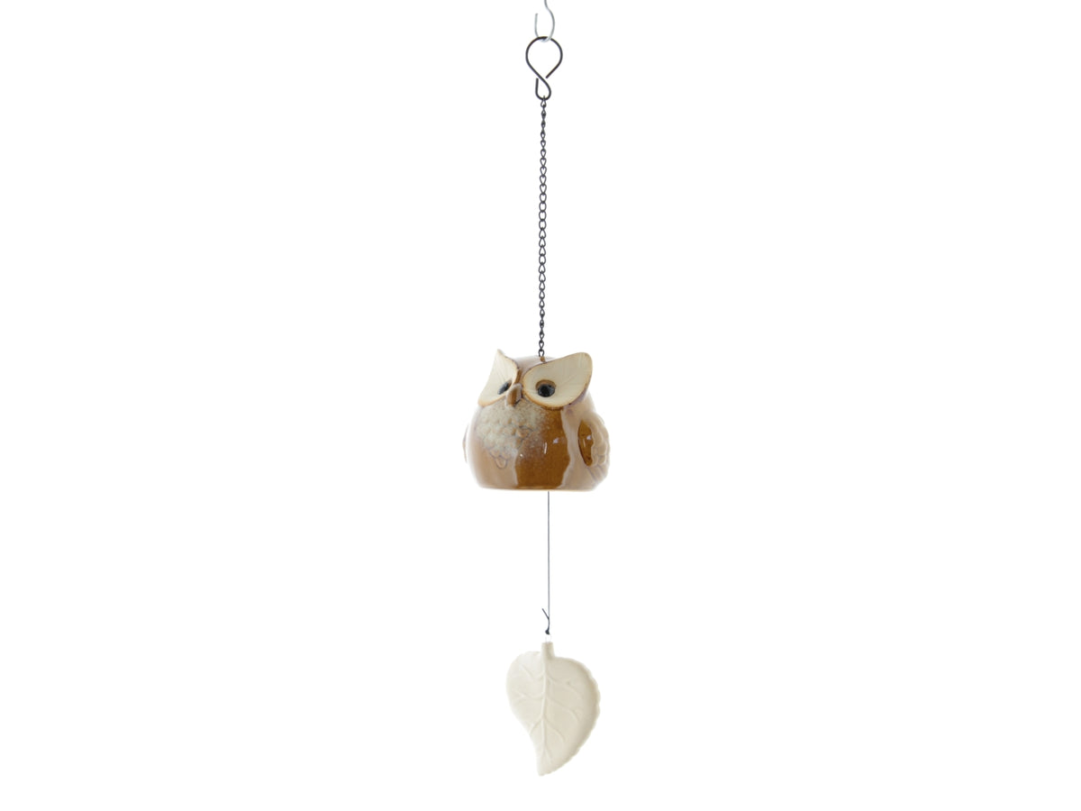 Gufo in gres con foglia d.9x44cm marrone