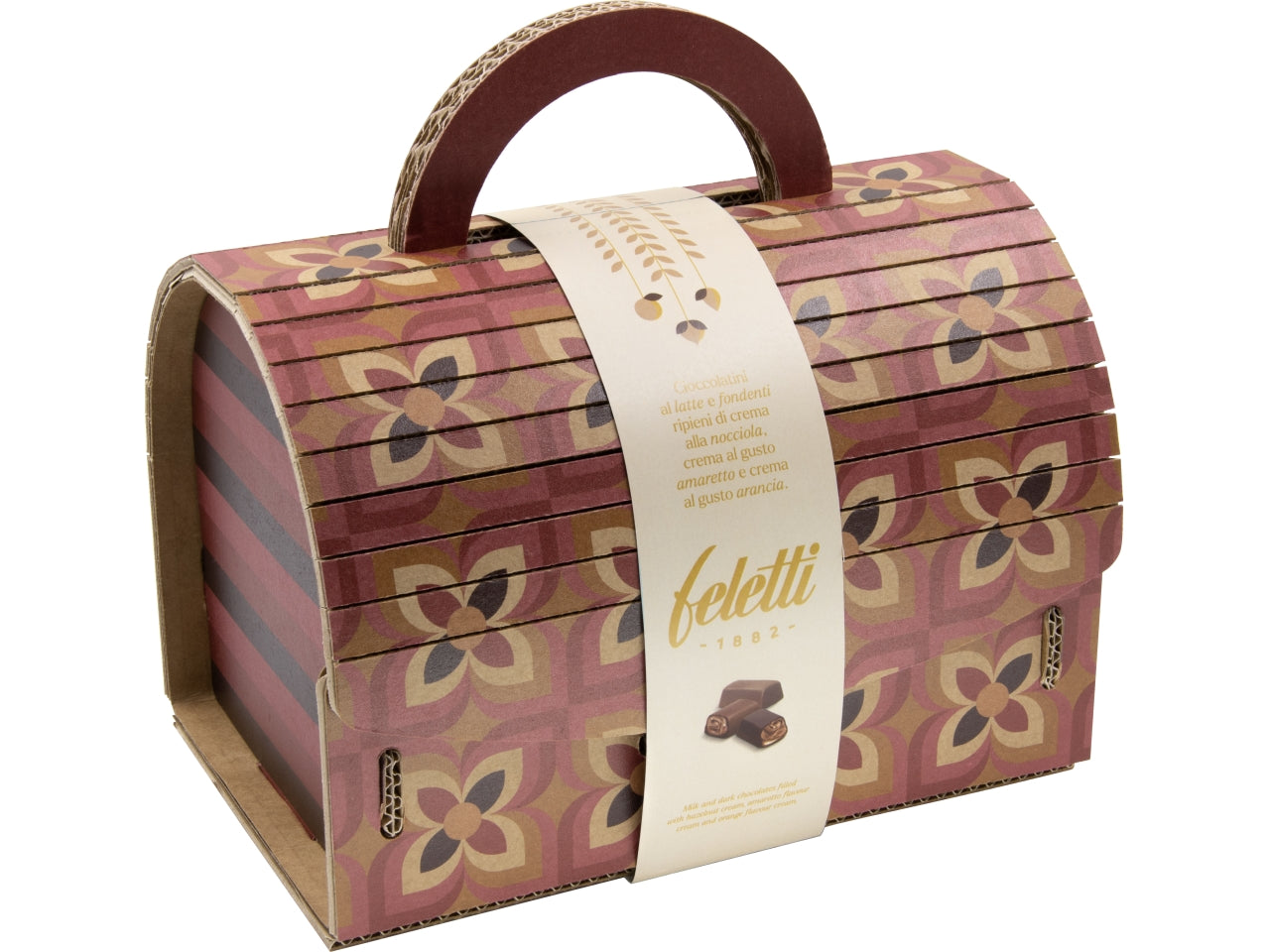 Sorini bauletto kelly 300gr di cioccolatini al latte e fondenti ripieni di crema alla nocciola, crema al gusto amaretto e crema al gusto arancia