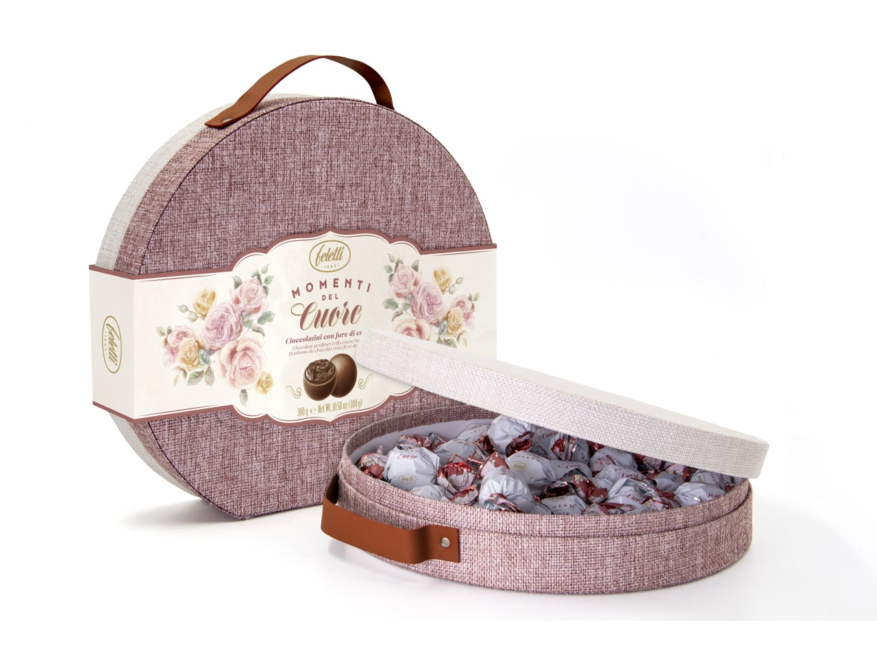 Feletti scatola michelle 300gr con cioccolatini al latte ripieni di crema al cacao e granella di cacao caramellata
