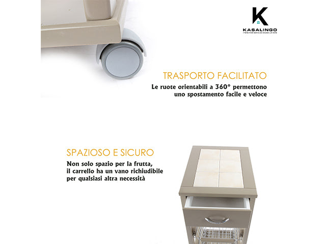 Carrello Porta Frutta e Verdura con cassetto portapane 29,5x37 h 83 in Legno, carrello da cucina con ripiano multiuso 100% Made in Italy. (Tortora)