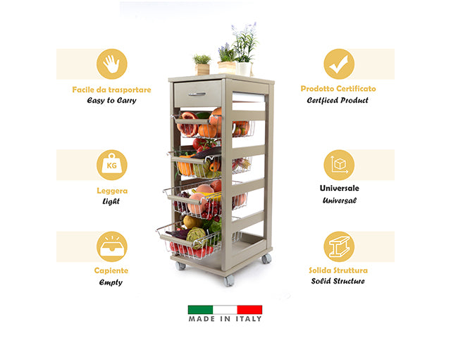 Carrello Porta Frutta e Verdura con cassetto portapane 29,5x37 h 83 in Legno, carrello da cucina con ripiano multiuso 100% Made in Italy. (Tortora)