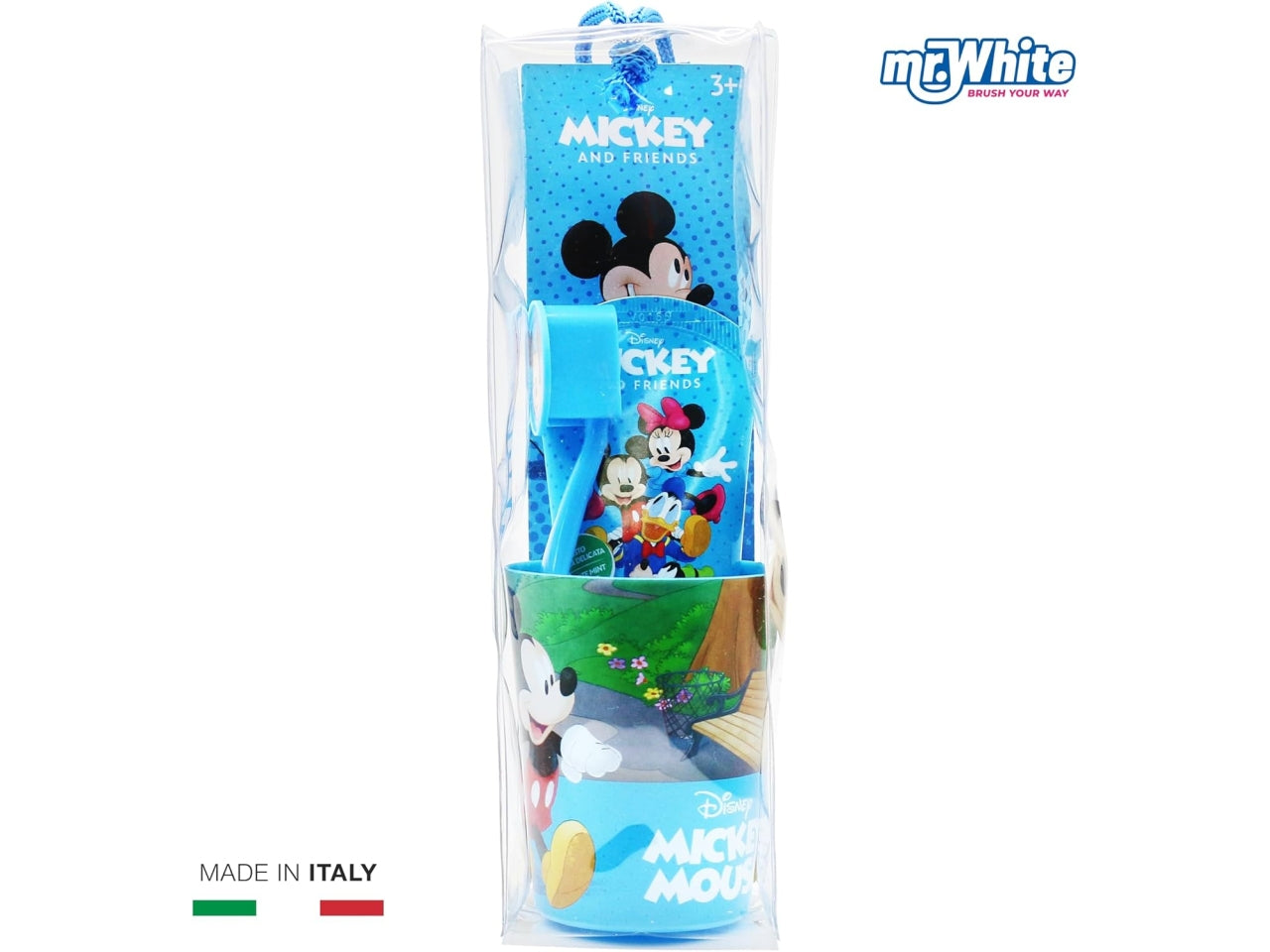 Topolino borsello da bambino con spazzolino dentifricio bicchiere azzurro - Real Trade