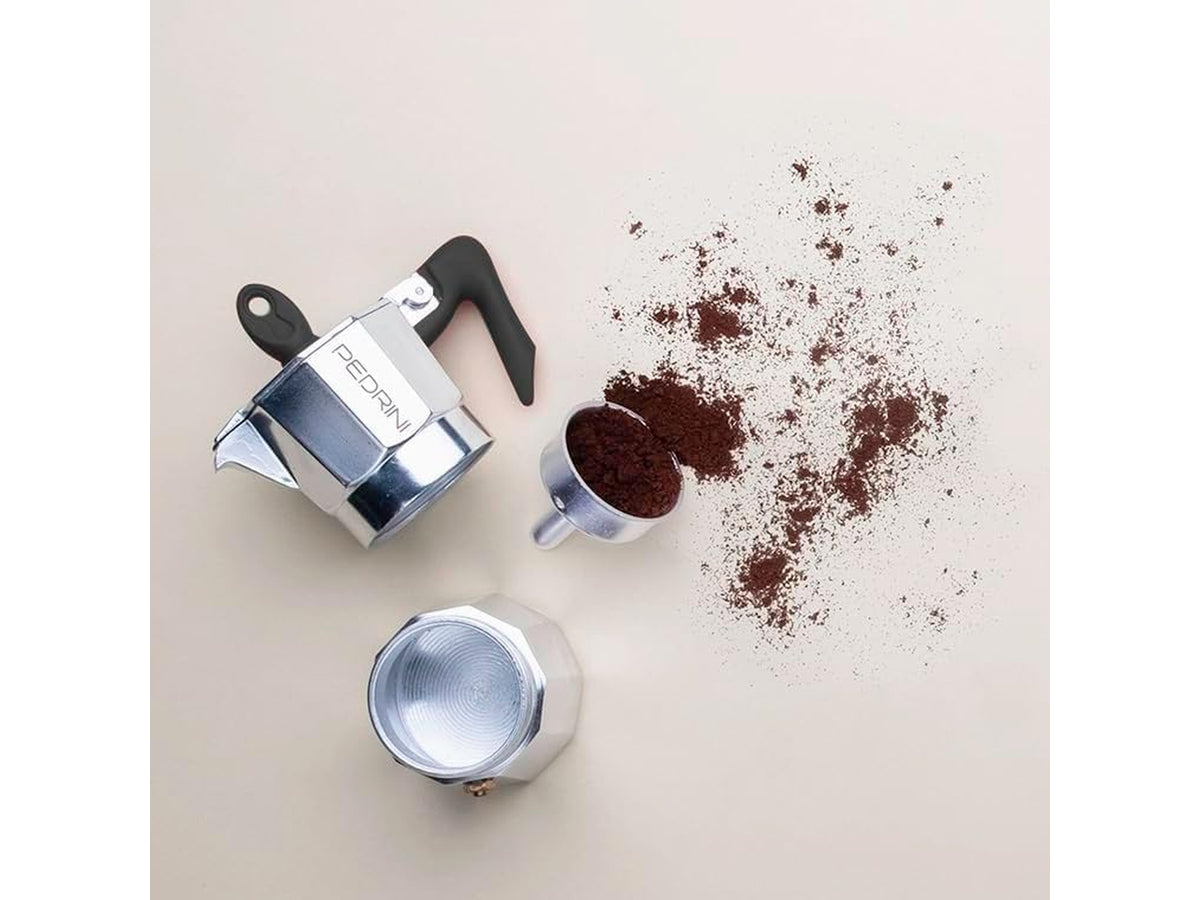 Caffettiera per 1/2 tazze in alluminio brillantato con manico nero in box
