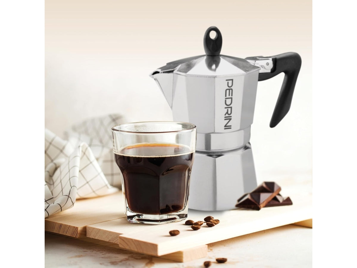 Caffettiera per 1/2 tazze in alluminio brillantato con manico nero in box