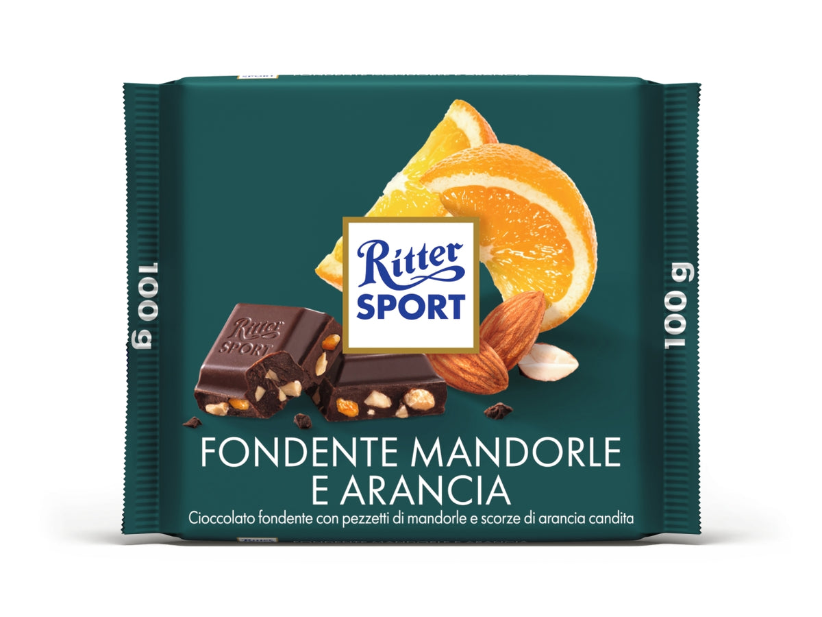 Ritter sport tavoletta 100gr fondente con mandorle e arancia