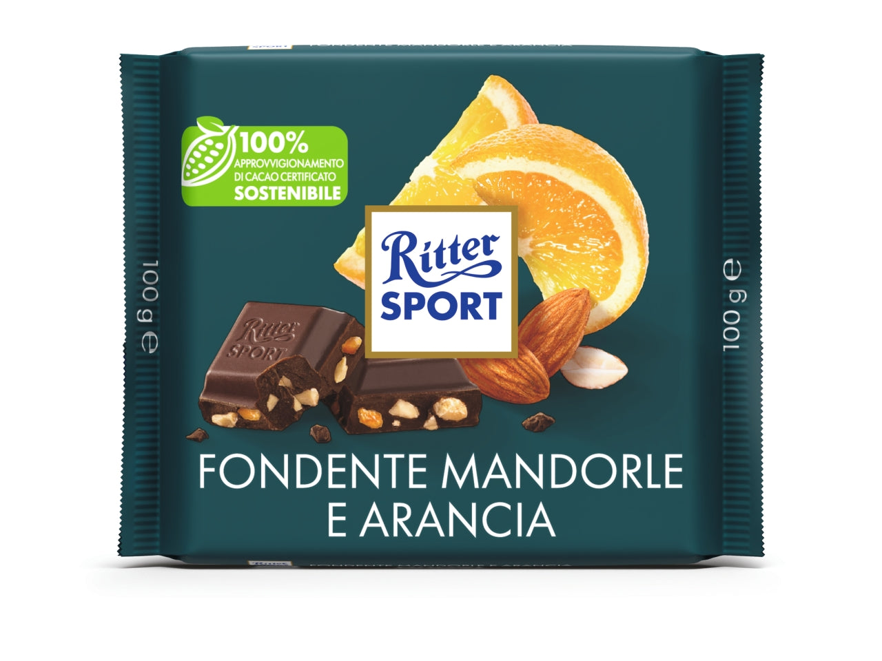 Ritter sport tavoletta 100gr fondente con mandorle e arancia