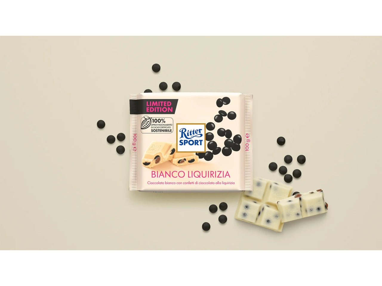 Ritter sport tavoletta 100gr cioccolato bianco e confetti di liquirizia