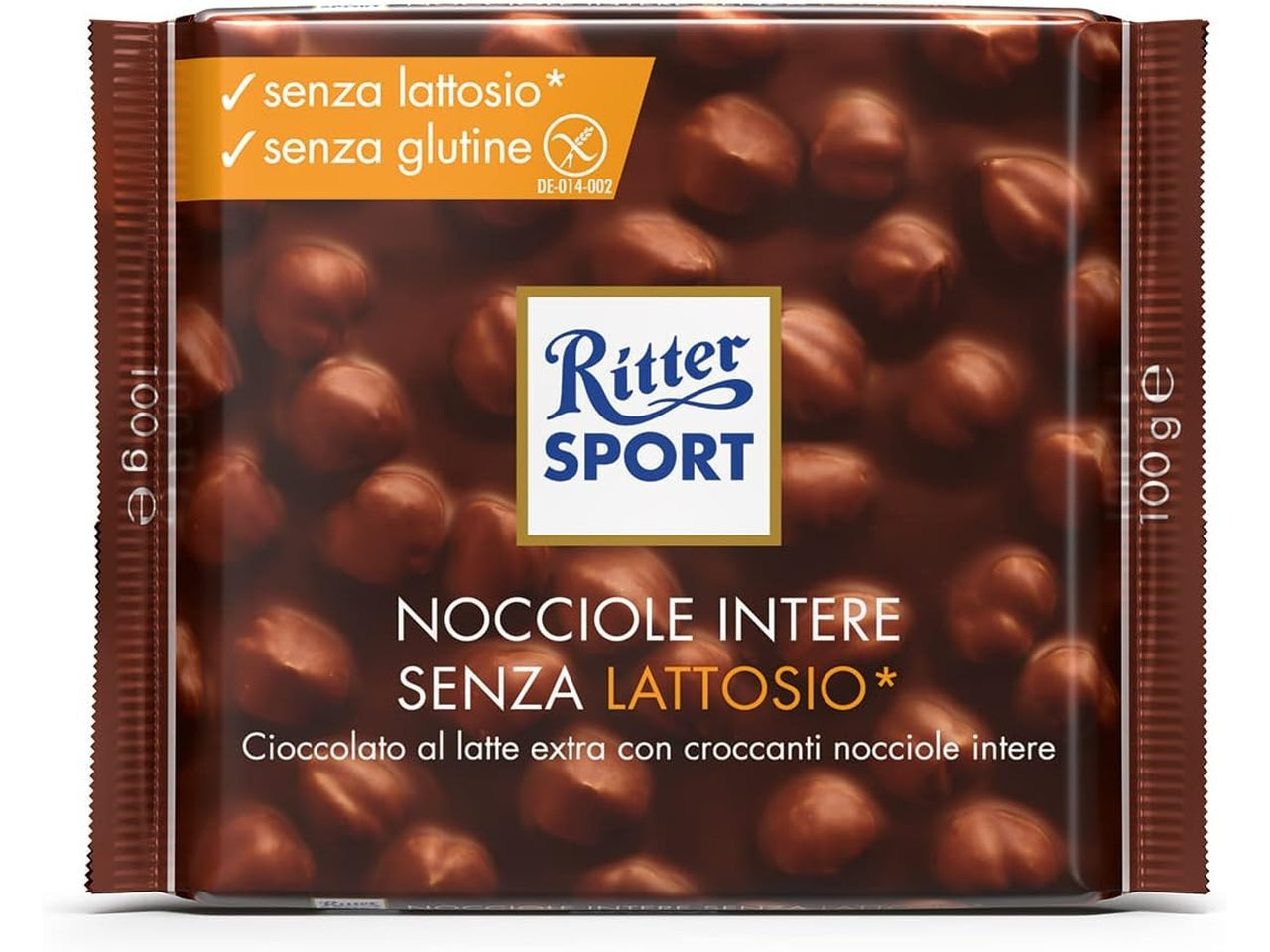 Ritter sport tavoletta 100gr al latte senza lattosio con nocciole intere