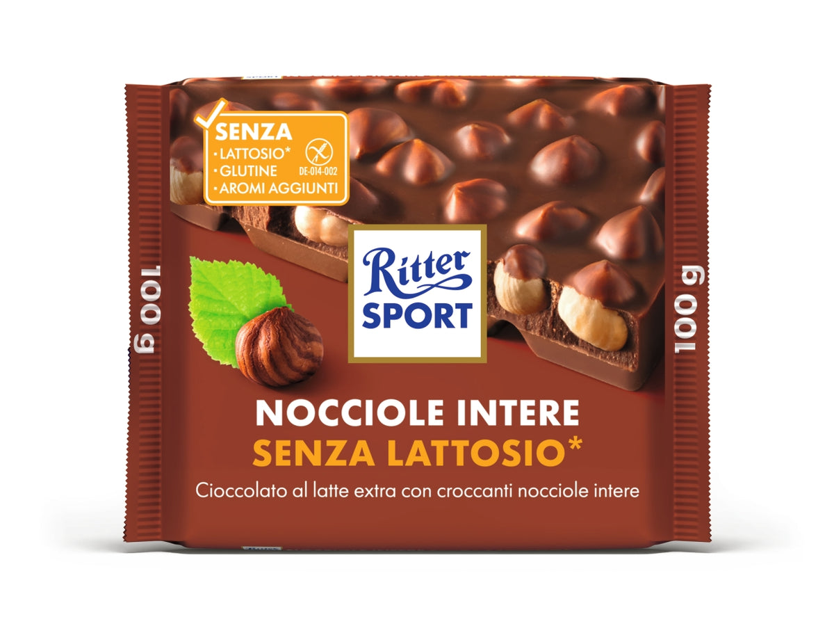 Ritter sport tavoletta 100gr al latte senza lattosio con nocciole intere