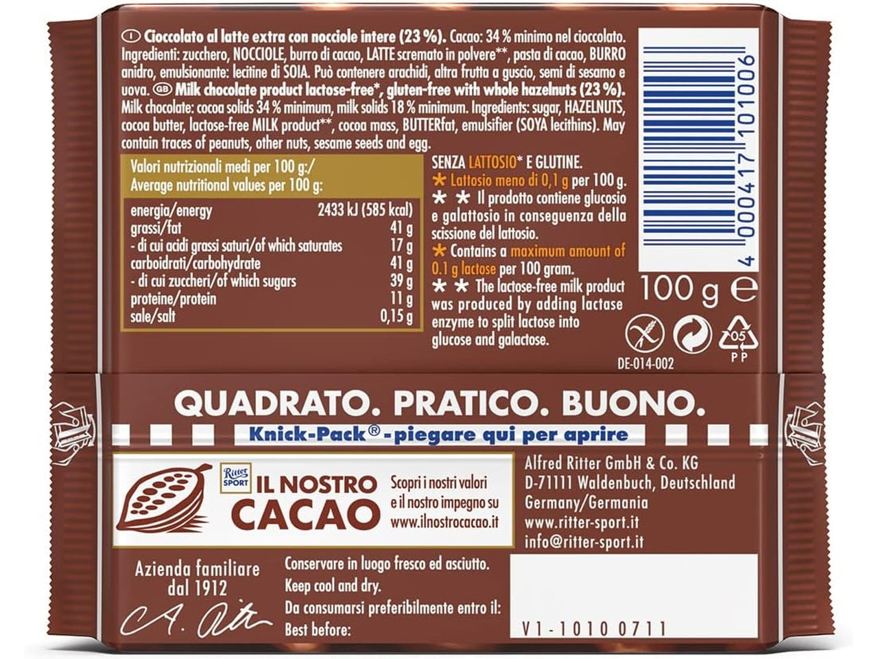 Ritter sport tavoletta 100gr al latte senza lattosio con nocciole intere