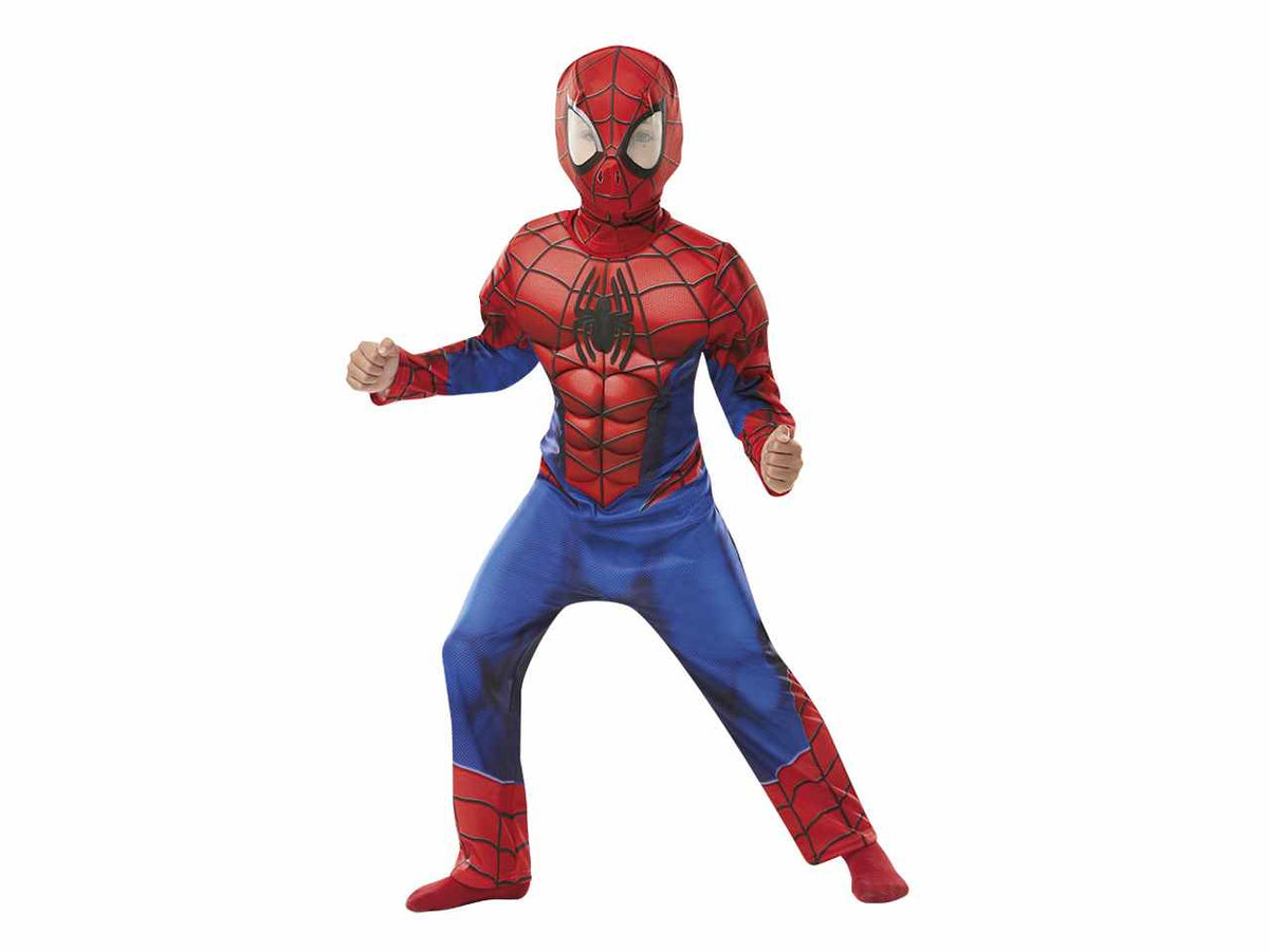 Costume Spiderman lusso, composto da tuta con petto imbottito e maschera in tessuto taglia L 7-8anni