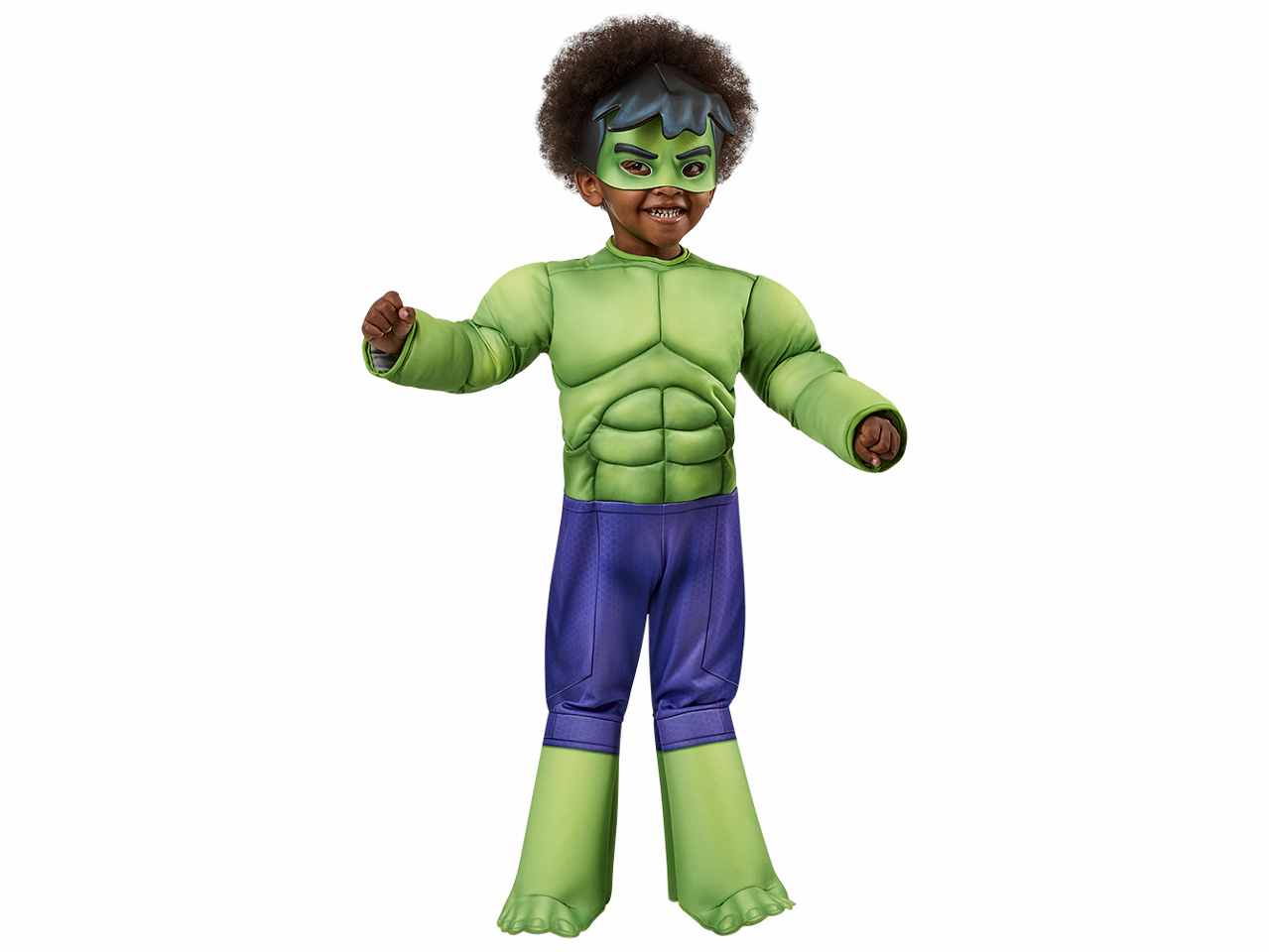 Costume baby Hulk, composto da tuta imbottita, copristivali e maschera in tessuto 3D taglia XS 2-3anni