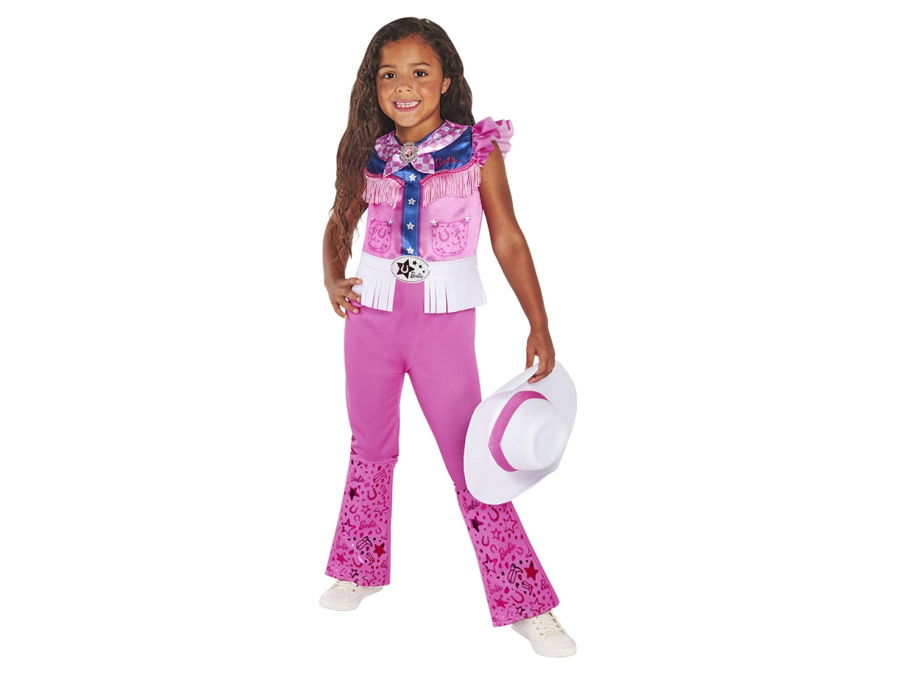 Costume Barbie cowgirl, composto da tuta stampata cappello e cravatta taglia XS 5-6anni