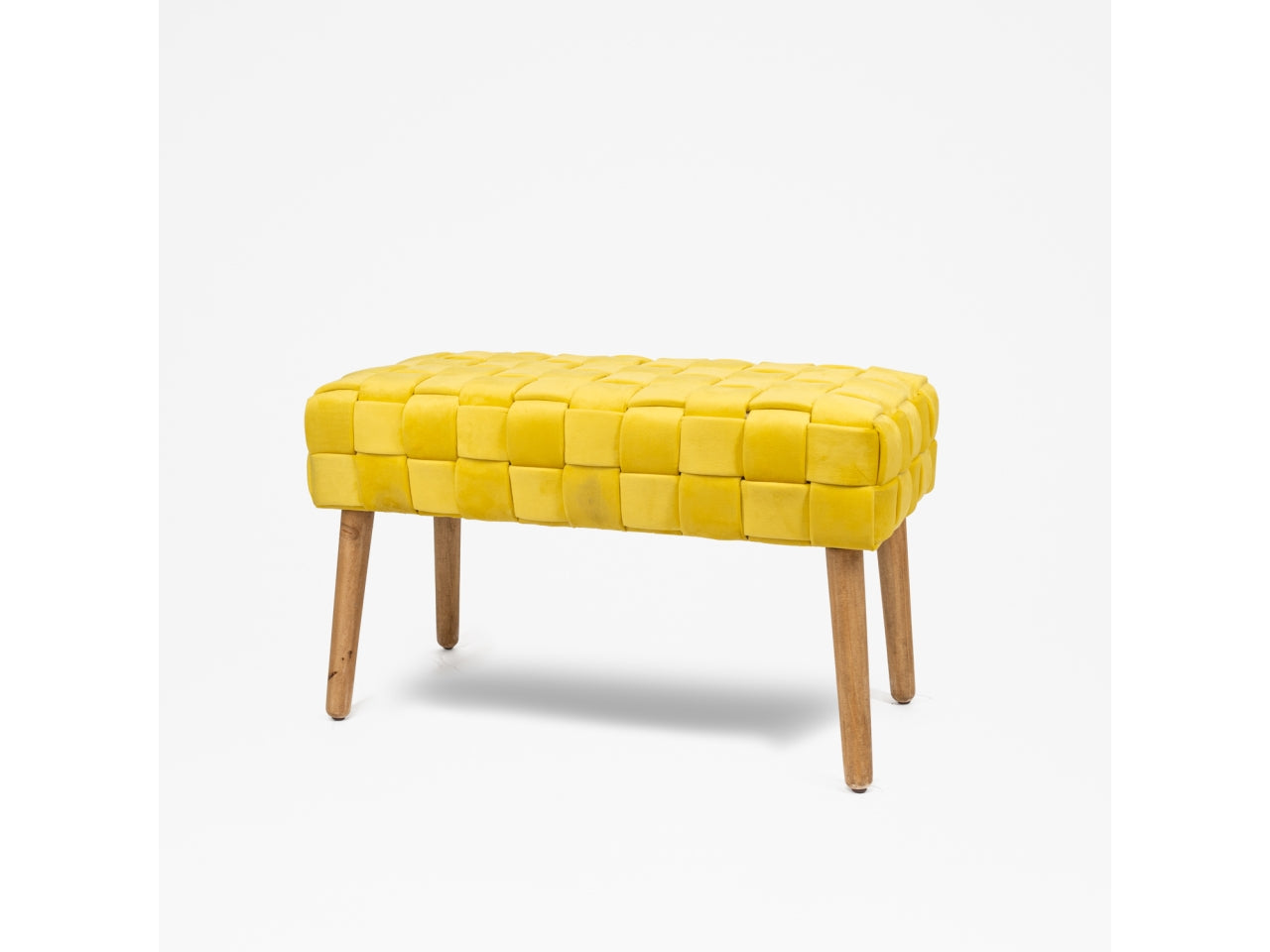 Panca in velluto giallo senape contemporaneo con intreccio e piedi in legno 76x37x45 cm- Silani